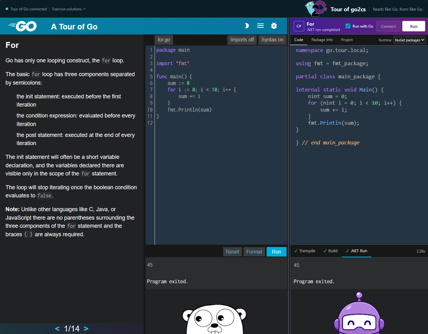 Tour of go2cs showing Go and generated C# side by side